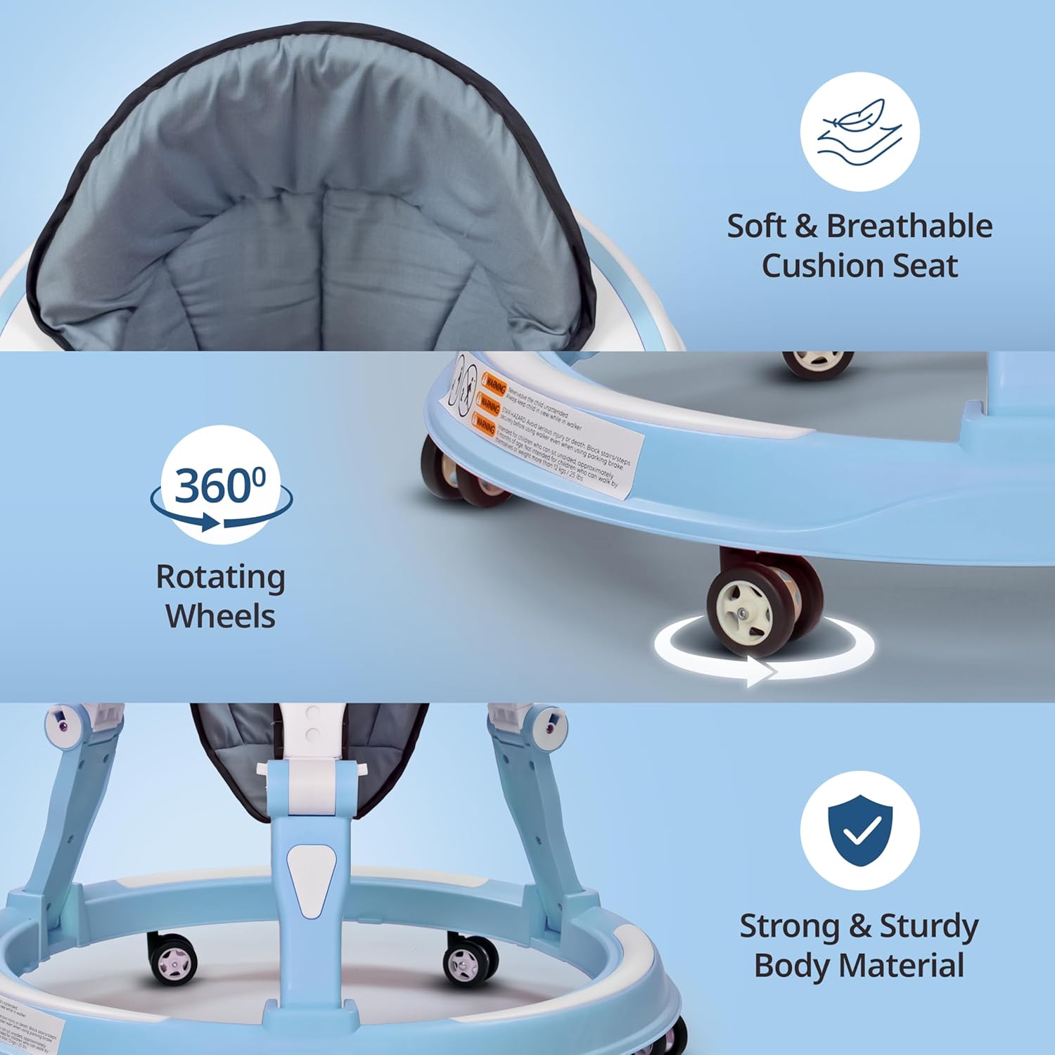 High-quality LuvLap 360° Joy Baby Walker in orange and white, perfect for infants aged 9 months and up. Promotes independent walking with a wide base for stability, comfortable padded seat, and engaging animal-themed toys on the activity center." www.usmile,toys